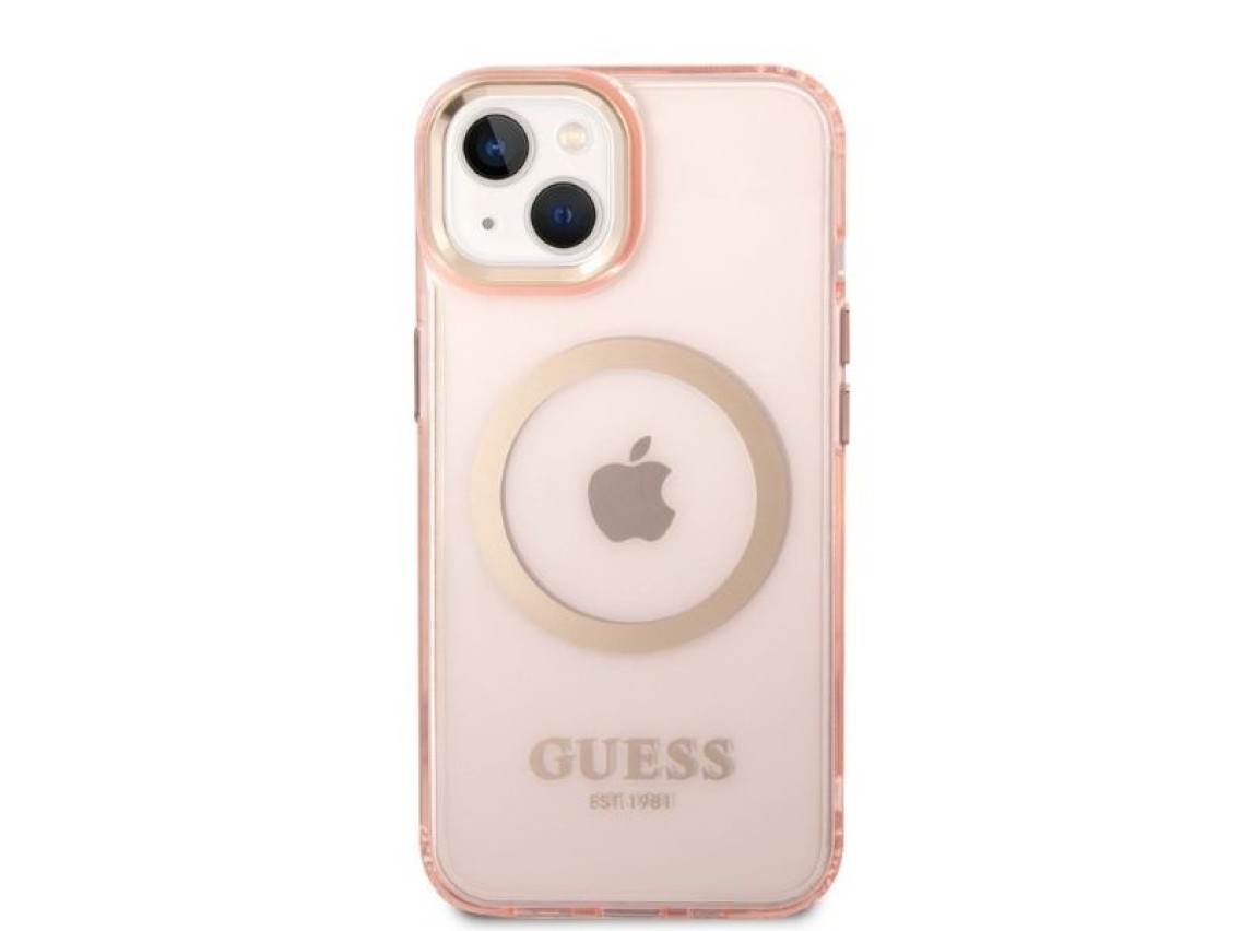 Capa rígida Guess GUHMP14SHTCMP para iPhone 14 de 6,1" rosa/rosa com contorno dourado e tecnologia M