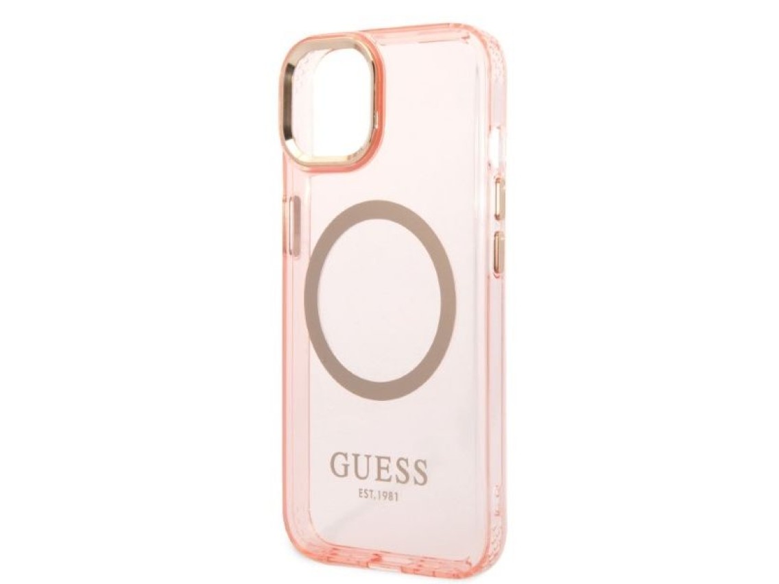 Capa rígida Guess GUHMP14SHTCMP para iPhone 14 de 6,1" rosa/rosa com contorno dourado e tecnologia M
