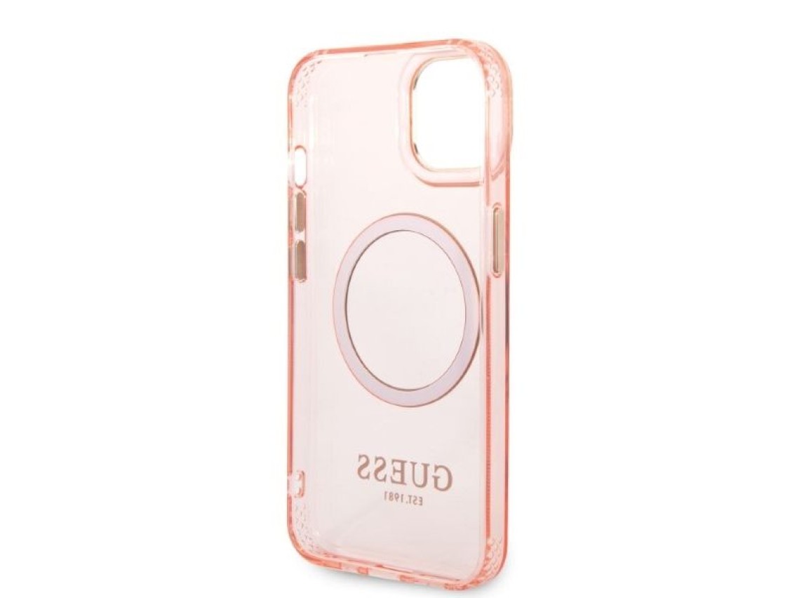 Capa rígida Guess GUHMP14SHTCMP para iPhone 14 de 6,1" rosa/rosa com contorno dourado e tecnologia M