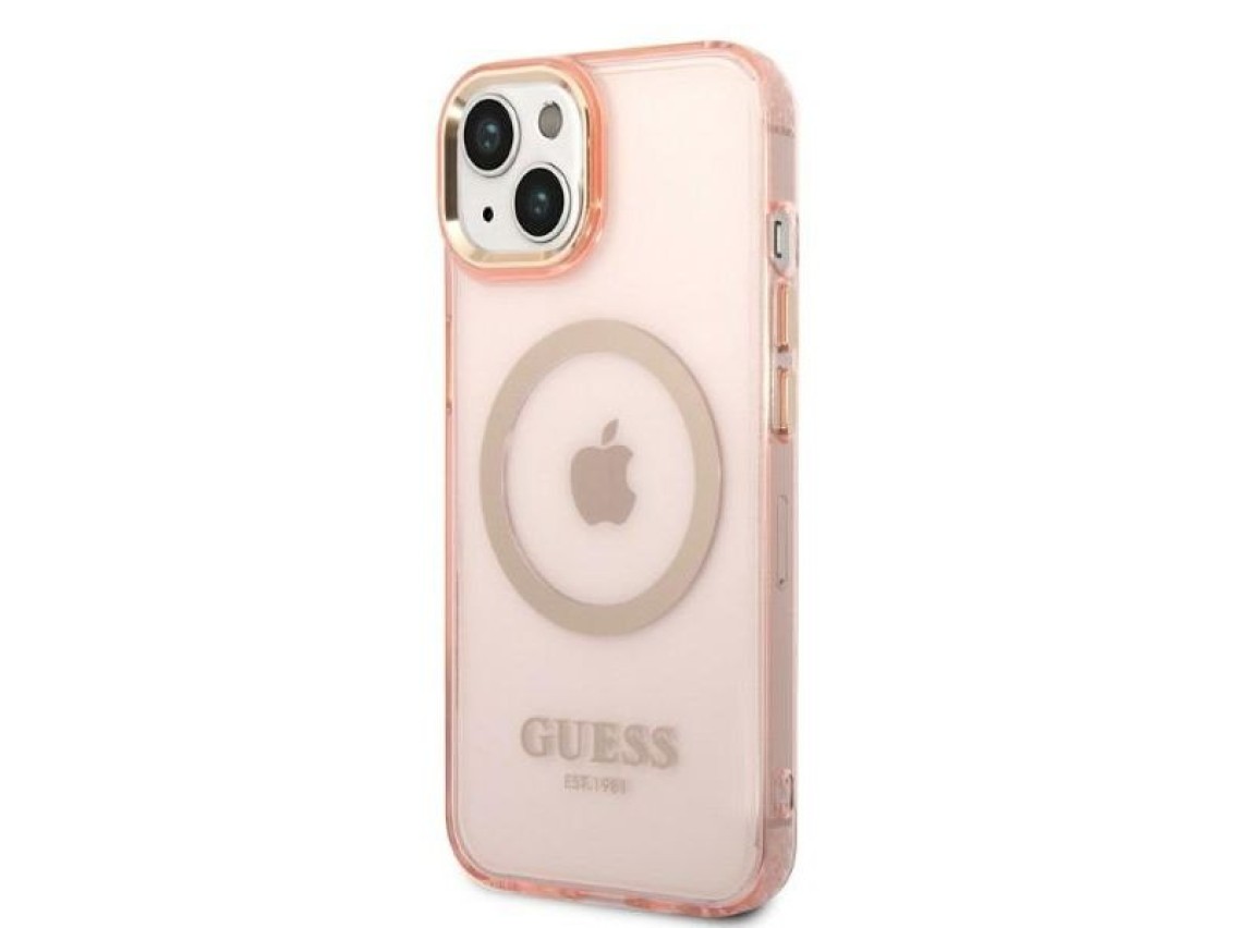 Funda rígida Guess GUHMP14MHTCMP para iPhone 14 Plus de 6,7" rosa/rosa con contorno dorado y MagSafe