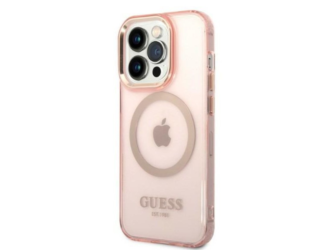 Guess GUHMP14LHTCMP iPhone 14 Pro 6.1" pink/pink hard case Gold Outline Translucent MagSafe
