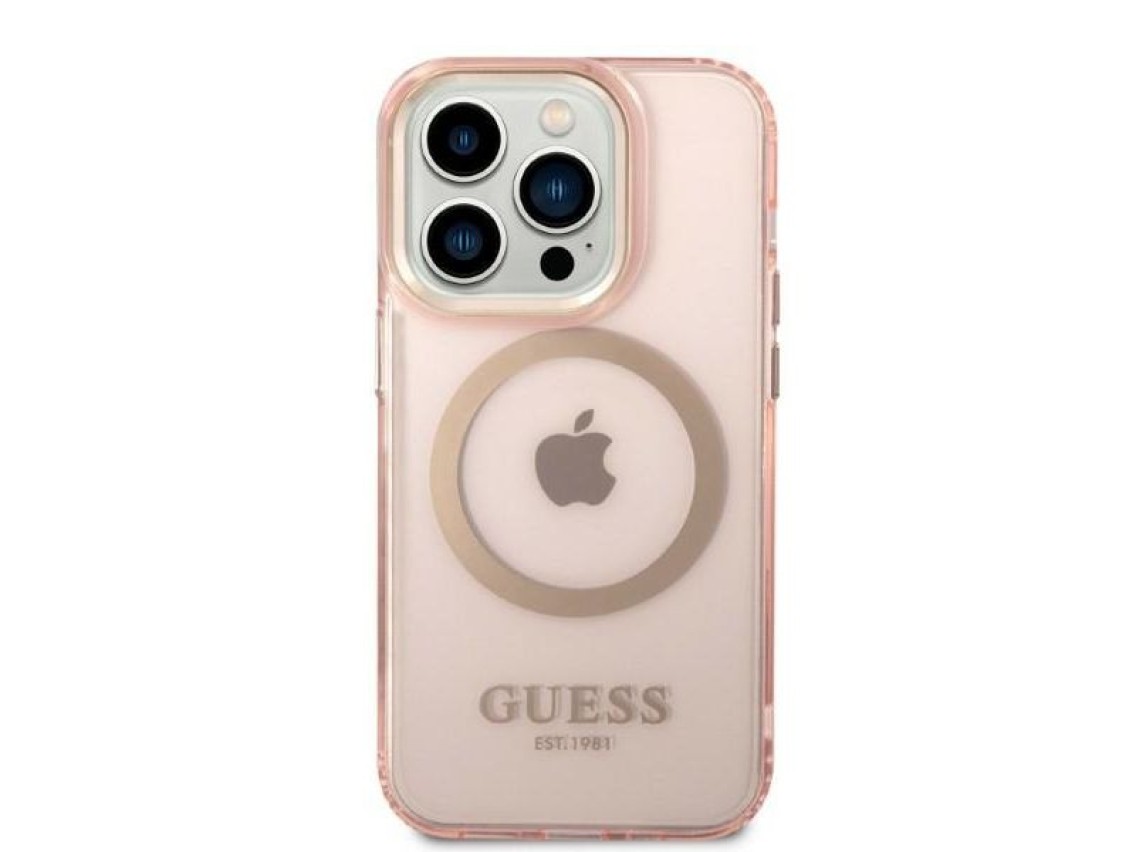 Guess GUHMP14LHTCMP iPhone 14 Pro 6.1" pink/pink hard case Gold Outline Translucent MagSafe