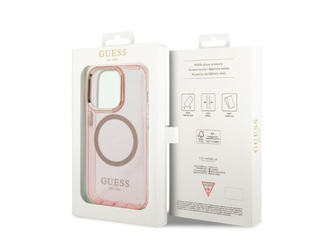 Guess GUHMP14LHTCMP iPhone 14 Pro 6.1" pink/pink hard case Gold Outline Translucent MagSafe