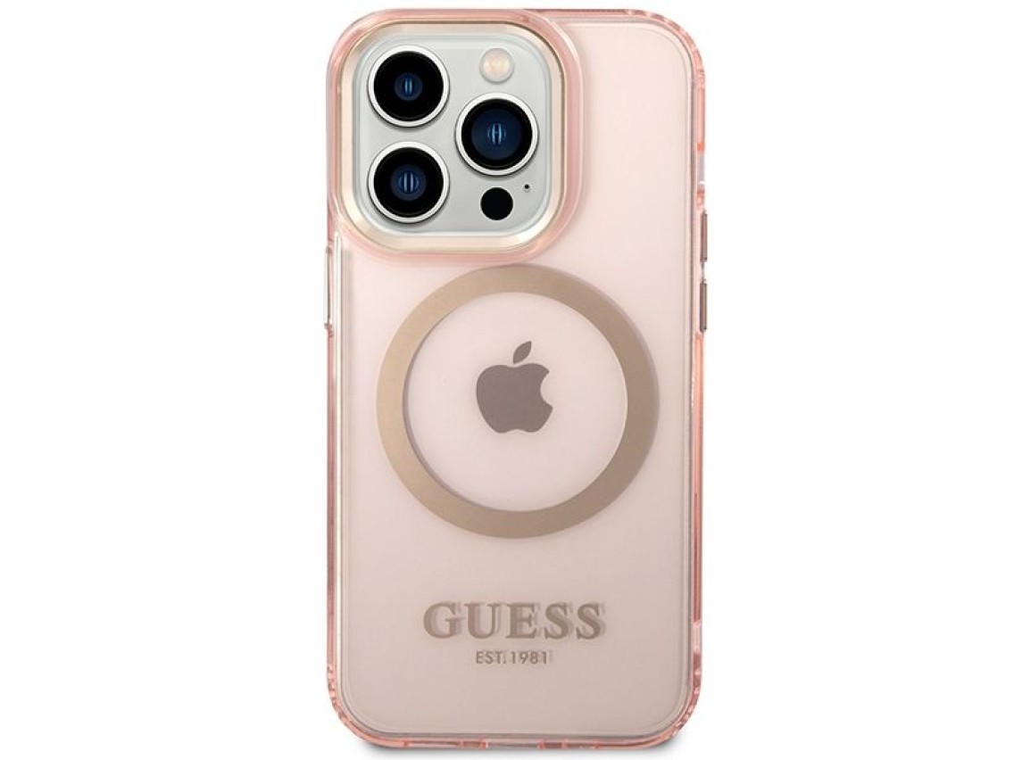 Funda r�gida Guess GUHMP14XHTCMP para iPhone 14 Pro Max de 6,7" rosa/rosa con contorno dorado y MagS