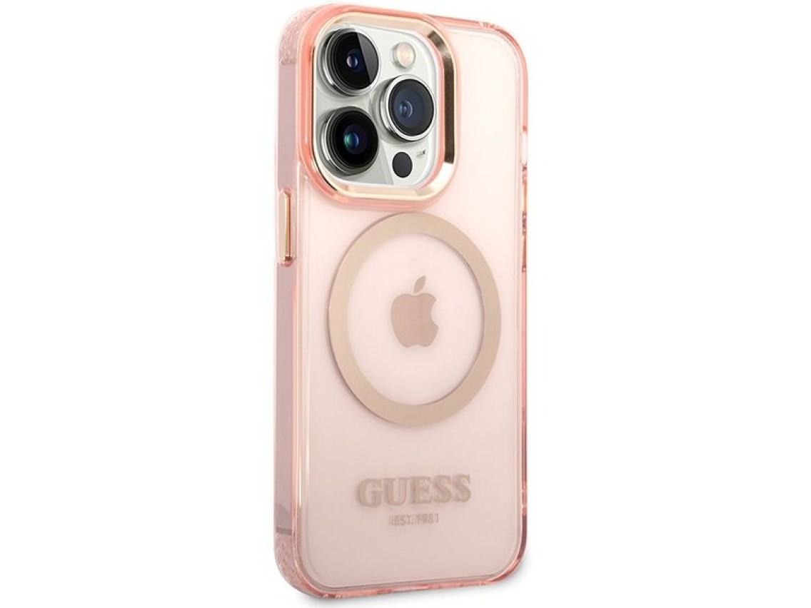 Funda r�gida Guess GUHMP14XHTCMP para iPhone 14 Pro Max de 6,7" rosa/rosa con contorno dorado y MagS