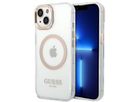 Capa rígida dourada Guess GUHMP14MHTRMD para iPhone 14 Plus de 6,7 polegadas com contorno metálico e Capa rígida dourada Guess GUHMP14MHTRMD para iPhone 14 Plus de 6,7 polegadas com contorno metálico e