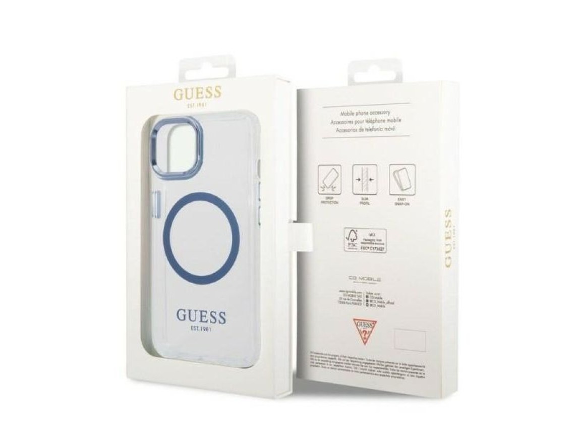 Funda Guess Metal Outline MagSafe para iPhone 14 Plus - azul