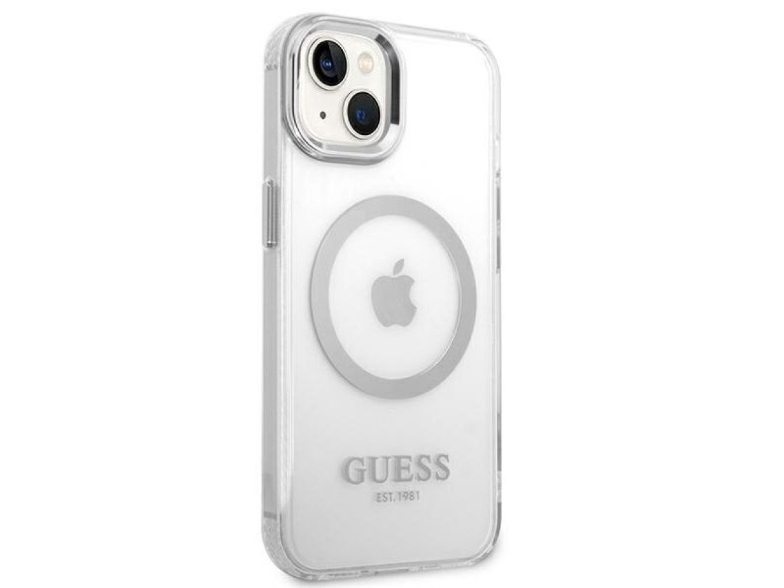 Capa rígida prateada/prateada Guess GUHMP14SHTRMS para iPhone 14 de 6,1 polegadas com contorno metál
