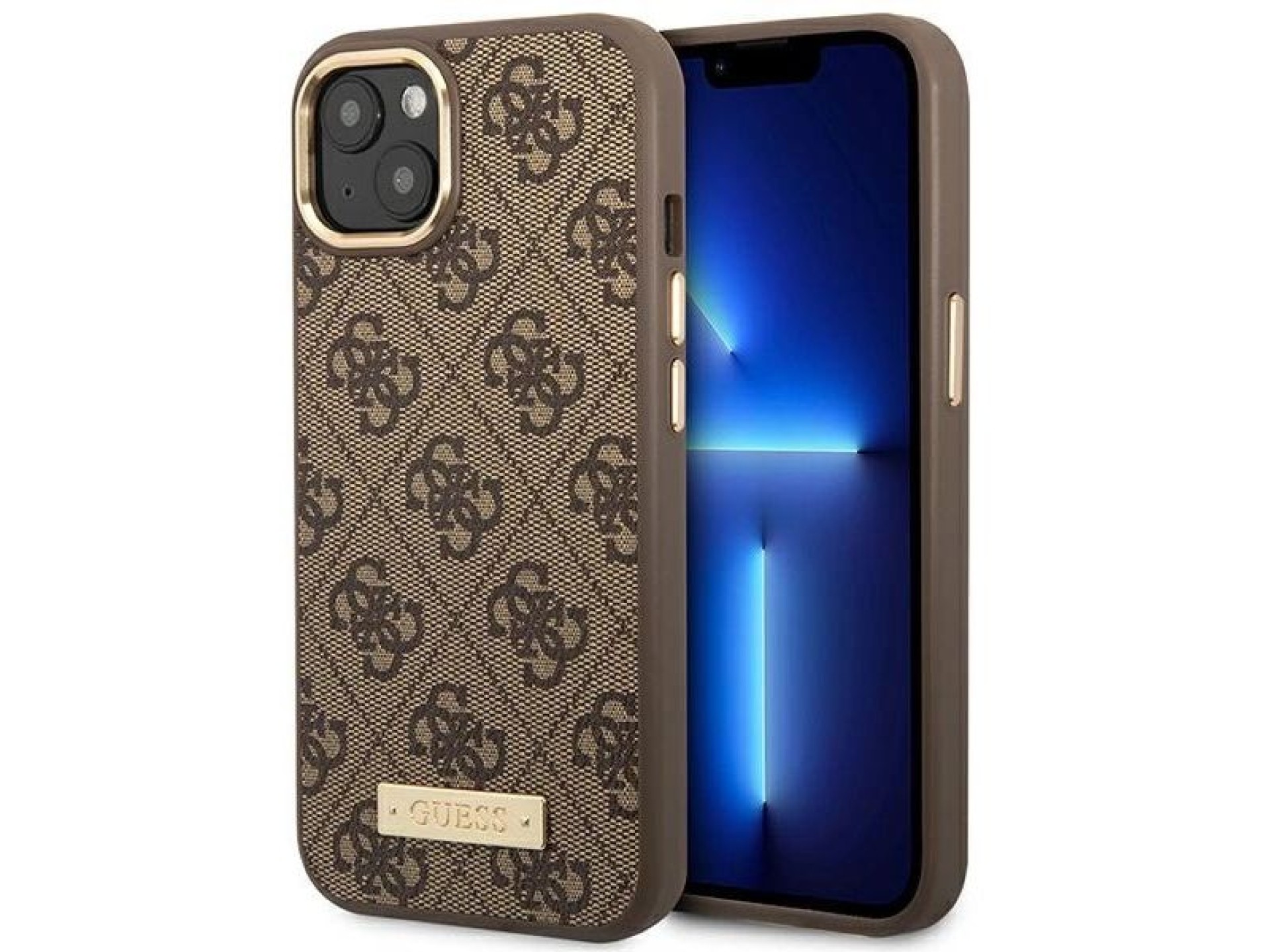 Capa rígida marrom Guess GUHMP14MU4GPRW para iPhone 14 Plus de 6,7 polegadas com logotipo 4G e MagSa