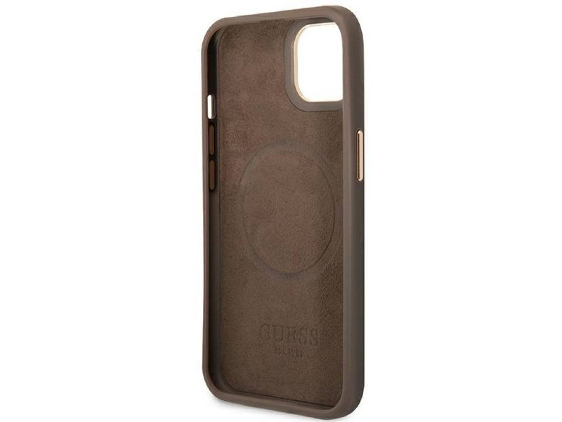Capa rígida marrom Guess GUHMP14MU4GPRW para iPhone 14 Plus de 6,7 polegadas com logotipo 4G e MagSa