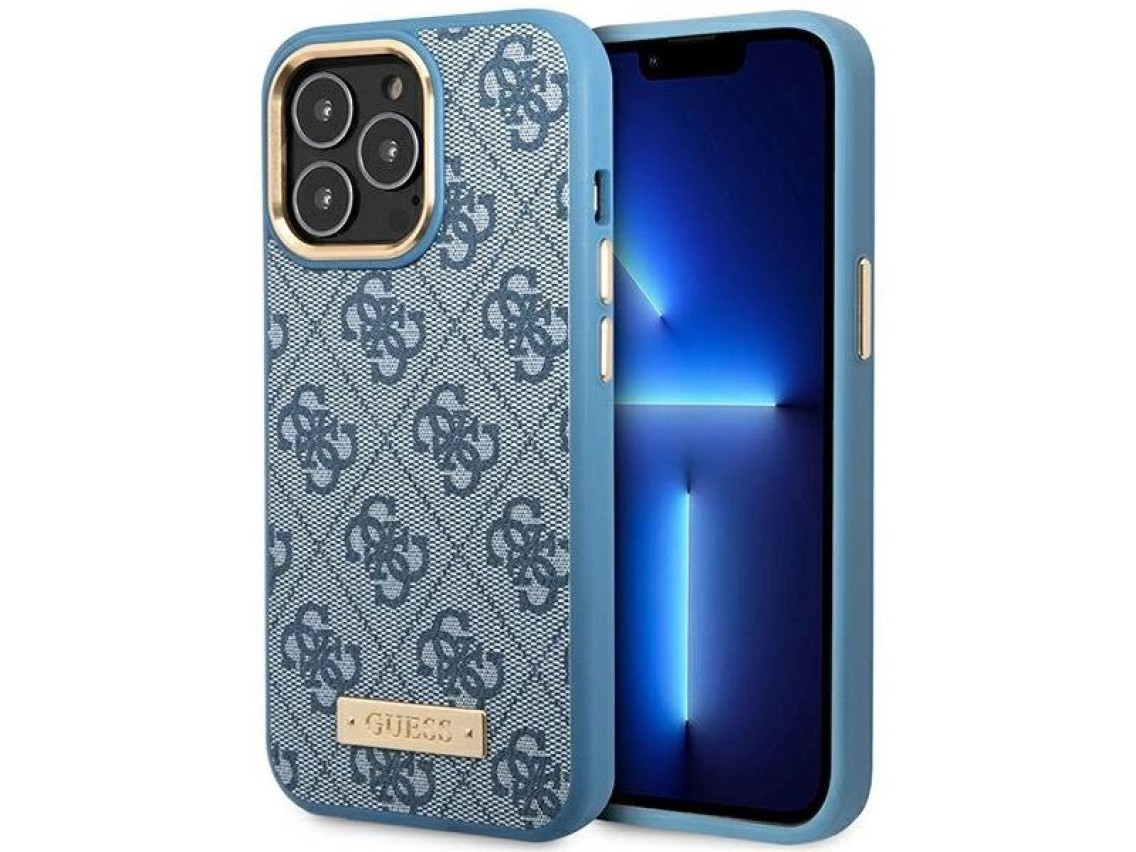 Capa rígida Guess GUHMP14LU4GPRB para iPhone 14 Pro 6.1" azul/azul com placa de logotipo 4G e MagSaf