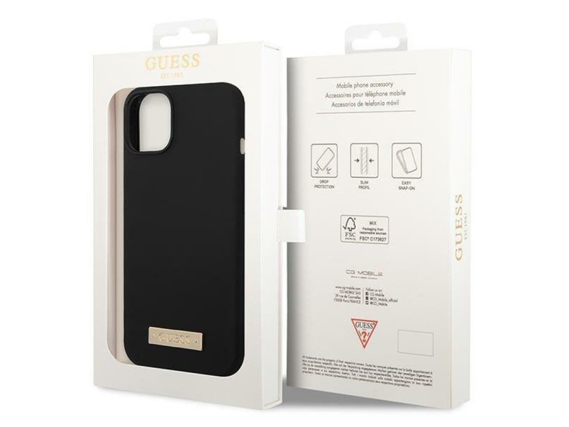 Capa rígida preta/preta Guess GUHMP14MSBPLK para iPhone 14 Plus de 6,7 polegadas com placa de silico