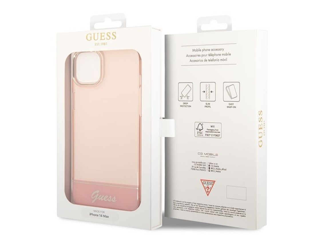 Capa rígida rosa translúcida Guess GUHCP14MHGCOP para iPhone 14 Plus de 6,7 polegadas