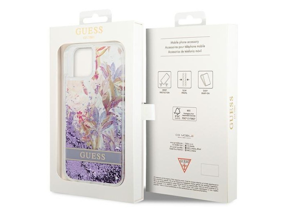 Capa rígida Guess GUHCP14MLFLSU para iPhone 14 Plus de 6,7 polegadas, violeta/roxa, com glitter líqu