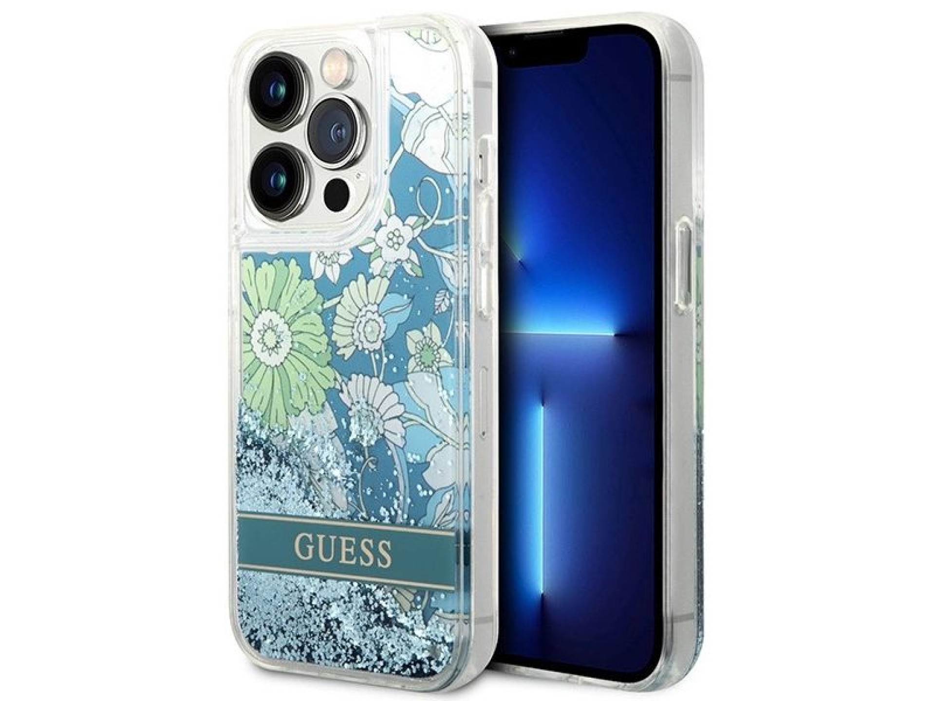 Capa Guess Flower Liquid Glitter para iPhone 14 Pro Max - verde