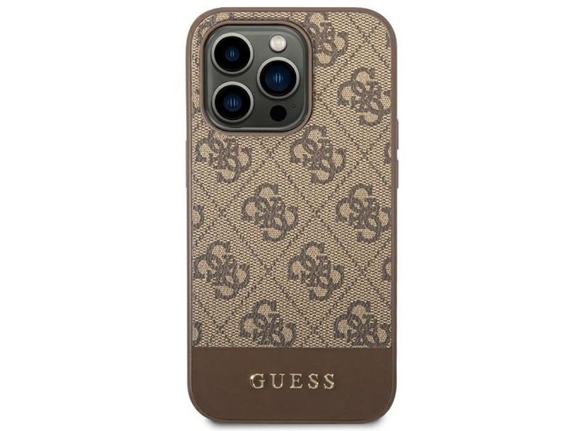 Capa rígida Guess GUHCP14LG4GLBR para iPhone 14 Pro 6.1" marrom/marrom, coleção 4G Stripe.