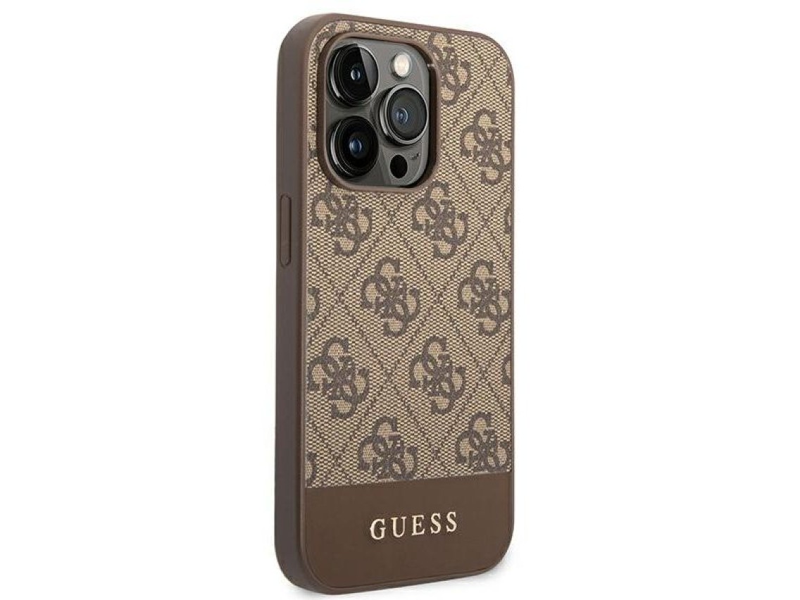 Capa rígida Guess GUHCP14LG4GLBR para iPhone 14 Pro 6.1" marrom/marrom, coleção 4G Stripe.