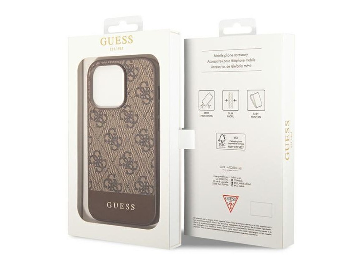Capa rígida Guess GUHCP14LG4GLBR para iPhone 14 Pro 6.1" marrom/marrom, coleção 4G Stripe.
