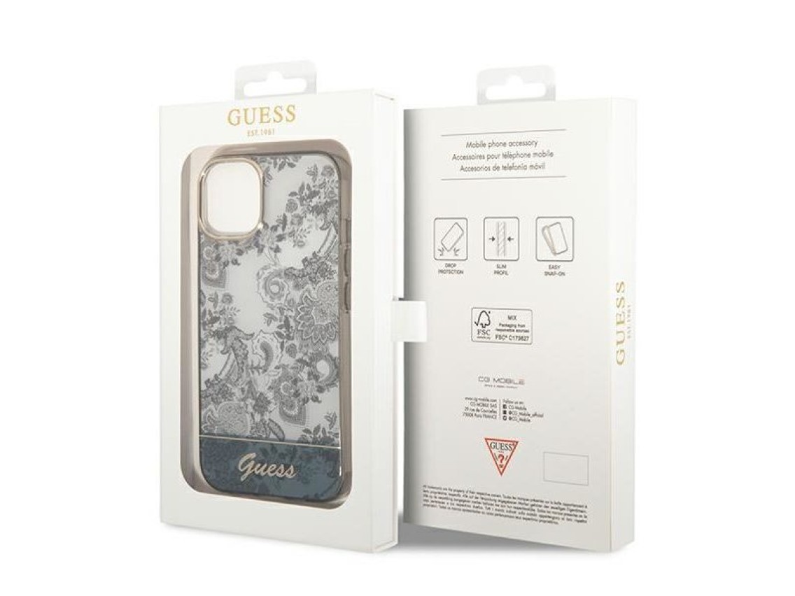 Funda r�gida gris para iPhone 14 Plus de 6,7" de Guess GUHCP14MHGPLHG, colecci�n Porcelain.