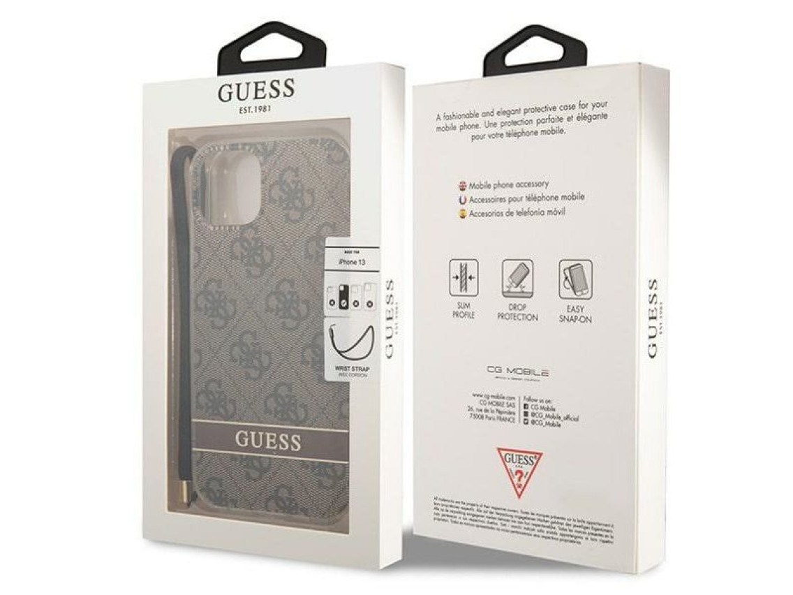 Funda r�gida marr�n para iPhone 14 Plus de 6,7 pulgadas de Guess GUOHCP14MH4STW, 4G, con correa esta