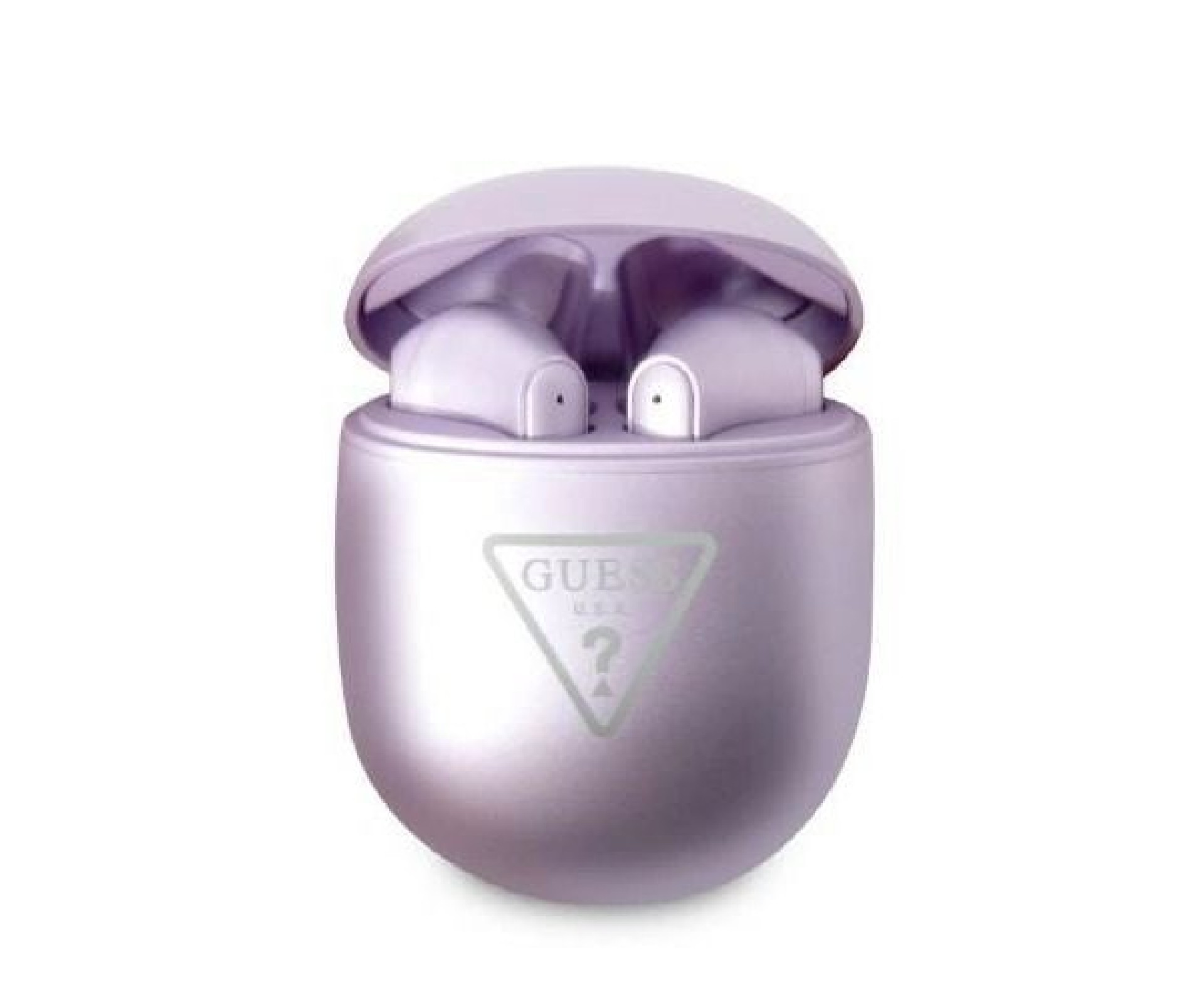 Fones de ouvido Bluetooth Guess GUTWST82TRU TWS + Base de carregamento roxa com logotipo triangular.