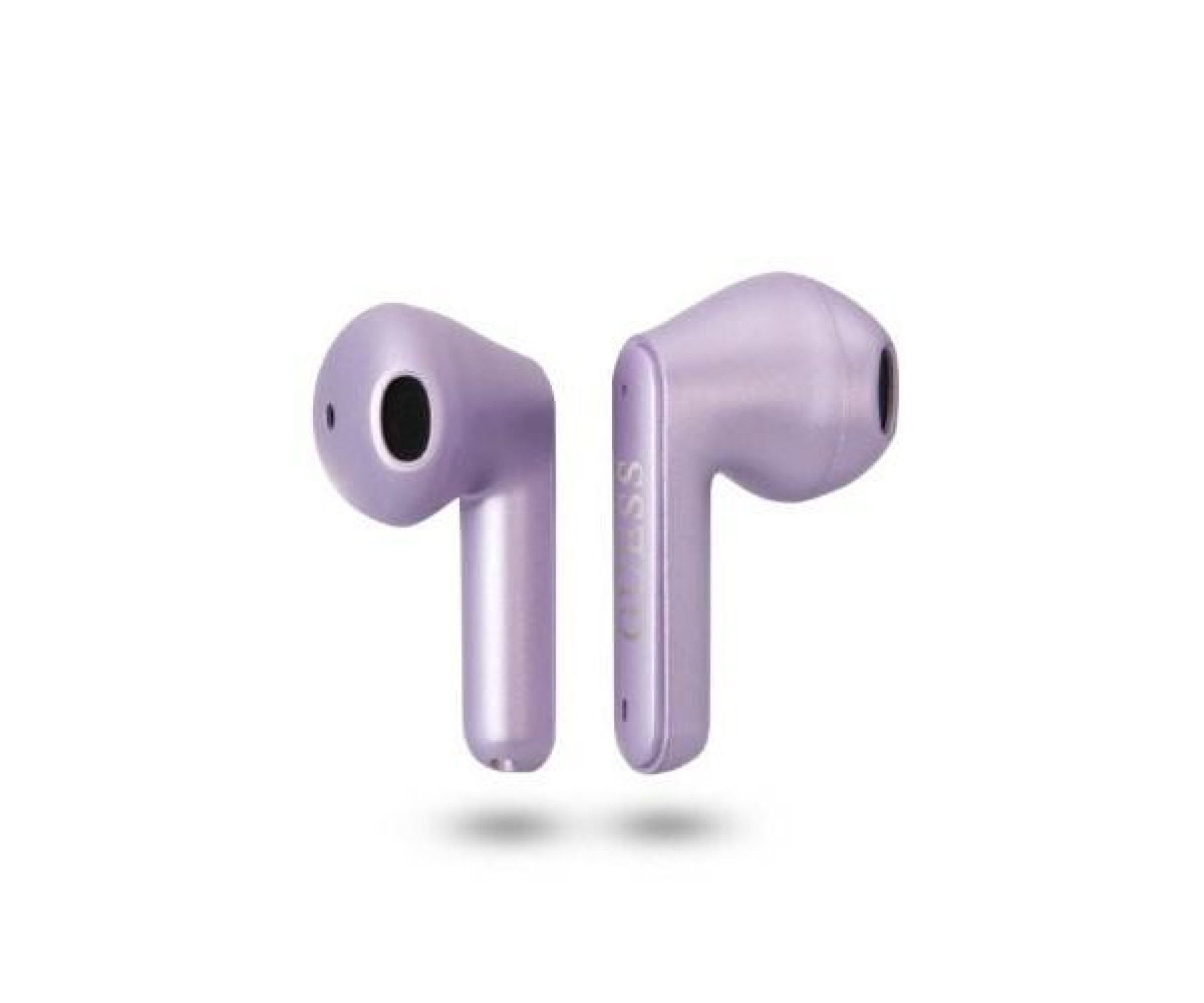 Fones de ouvido Bluetooth Guess GUTWST82TRU TWS + Base de carregamento roxa com logotipo triangular.