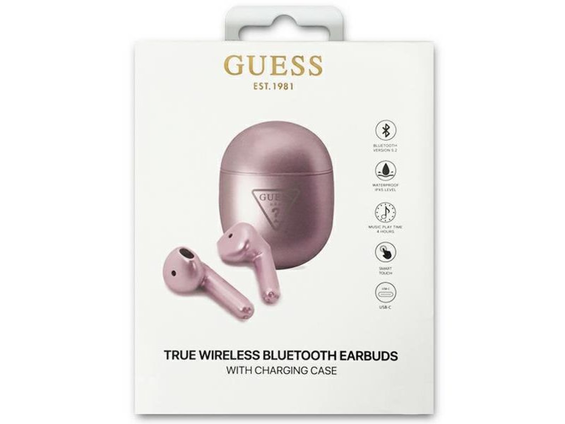 Fones de ouvido Bluetooth Guess GUTWST82TRU TWS + Base de carregamento roxa com logotipo triangular.
