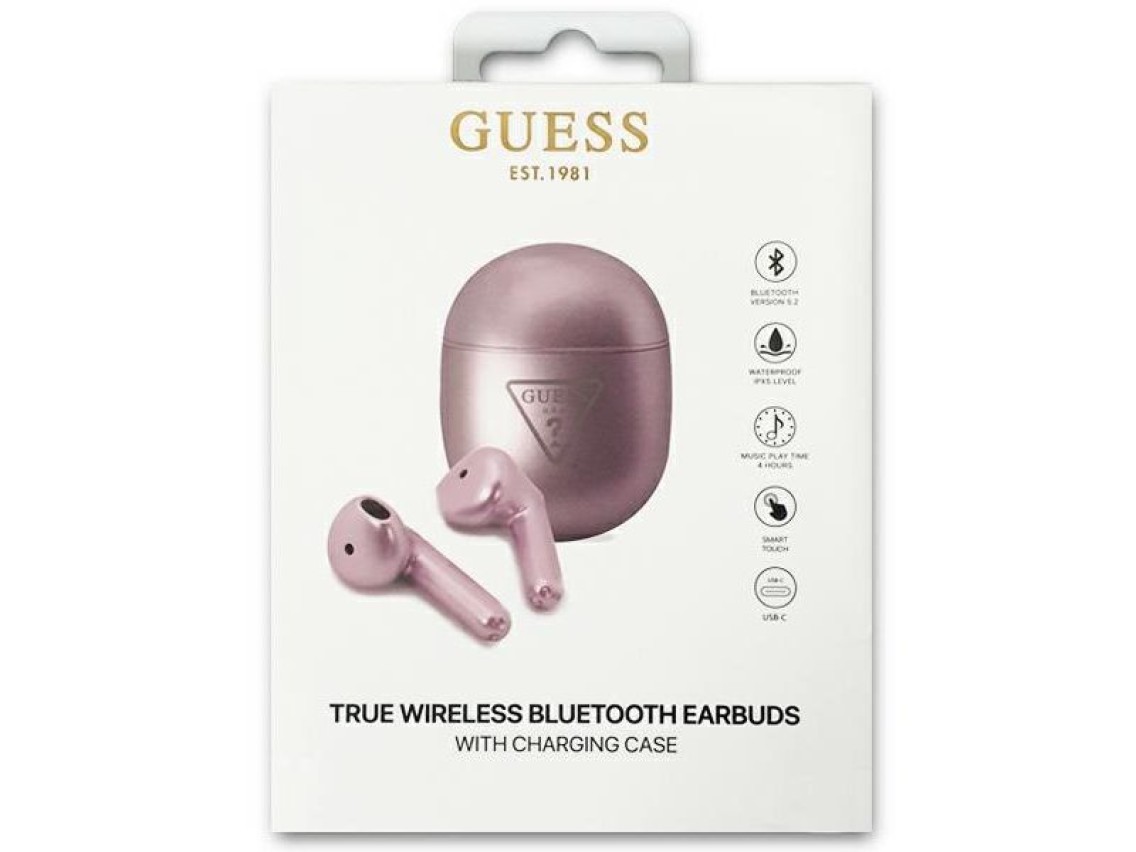 Fones de ouvido Bluetooth Guess GUTWST82TRU TWS + Base de carregamento roxa com logotipo triangular.