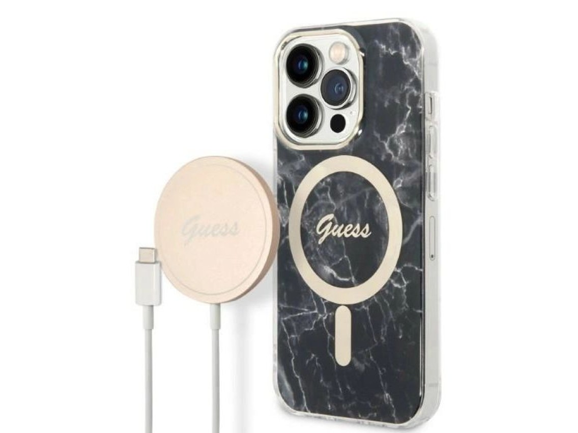 Set Guess GUBPP14LHMEACSK Case+ Charger iPhone 14 Pro 6.1" black/black hard case Marble MagSafe