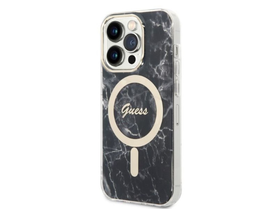 Set Guess GUBPP14LHMEACSK Case+ Charger iPhone 14 Pro 6.1" black/black hard case Marble MagSafe