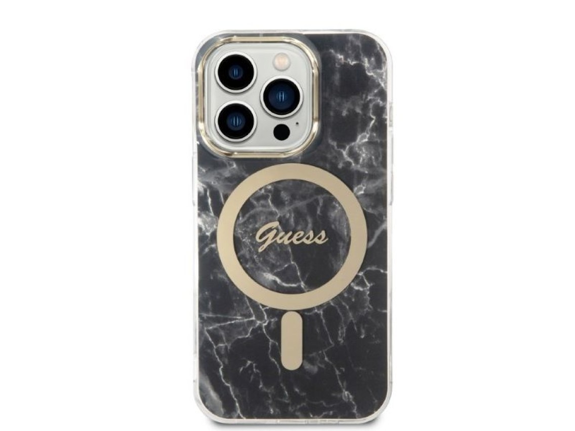 Set Guess GUBPP14LHMEACSK Case+ Charger iPhone 14 Pro 6.1" black/black hard case Marble MagSafe