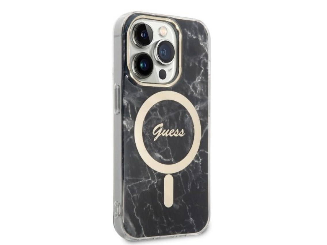 Set Guess GUBPP14LHMEACSK Case+ Charger iPhone 14 Pro 6.1" black/black hard case Marble MagSafe