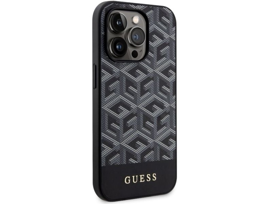Capa r�gida preta/preta Guess GUHMP14LHGCFSEK para iPhone 14 Pro de 6,1" com listras GCube e MagSafe