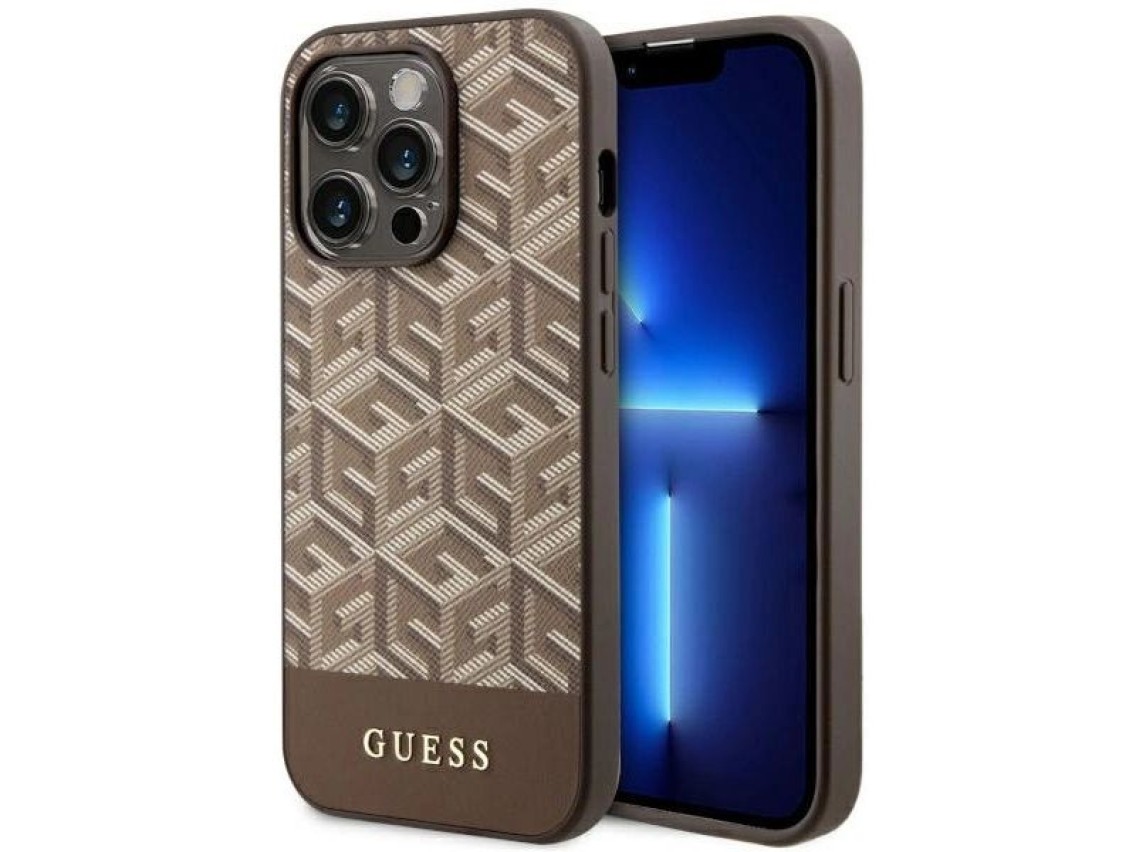 Capa rígida Guess GUHMP14XHGCFSEW para iPhone 14 Pro Max 6.7" marrom/marrom com listras e MagSafe.