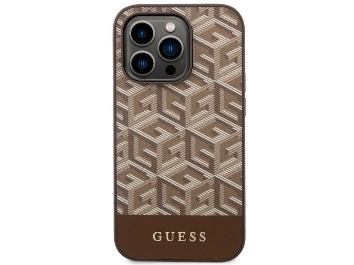 Capa rígida Guess GUHMP14XHGCFSEW para iPhone 14 Pro Max 6.7" marrom/marrom com listras e MagSafe.