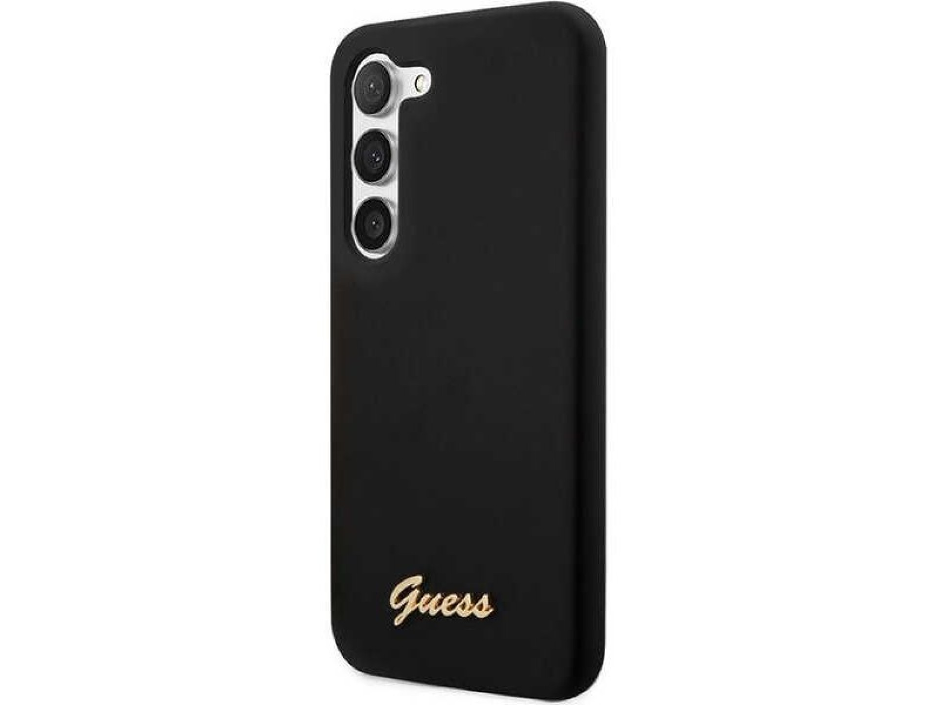 Funda rígida Guess GUHCS23SSLSMK S23 S911 negra/negra de silicona con logo dorado vintage