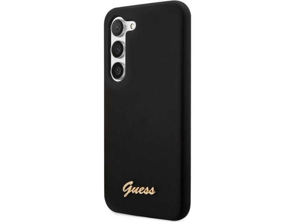 Funda rígida Guess GUHCS23SSLSMK S23 S911 negra/negra de silicona con logo dorado vintage