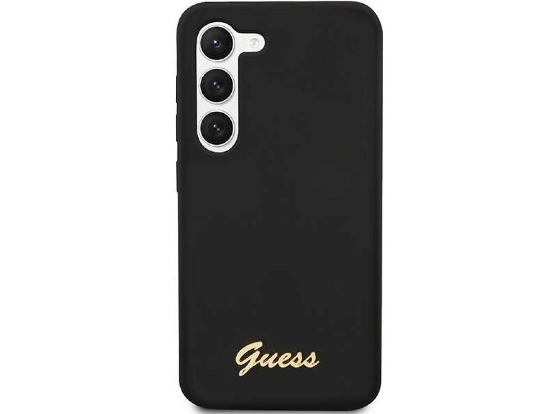 Funda rígida Guess GUHCS23SSLSMK S23 S911 negra/negra de silicona con logo dorado vintage
