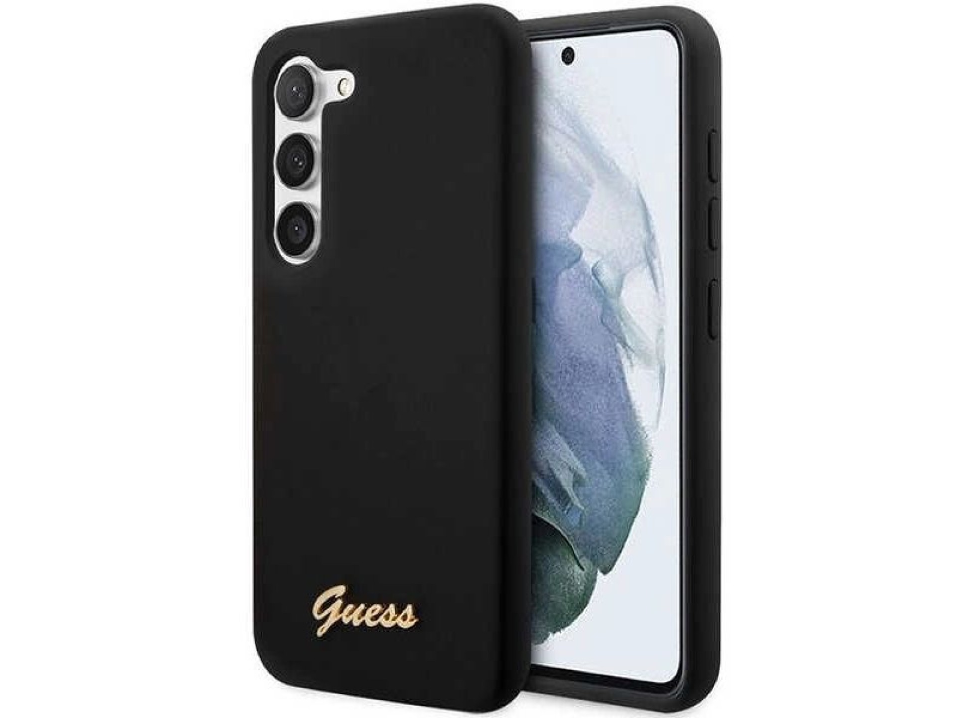 Guess GUHCS23MSLSMK S23+ S916, estuche rígido negro/negro, silicona con logo dorado vintage