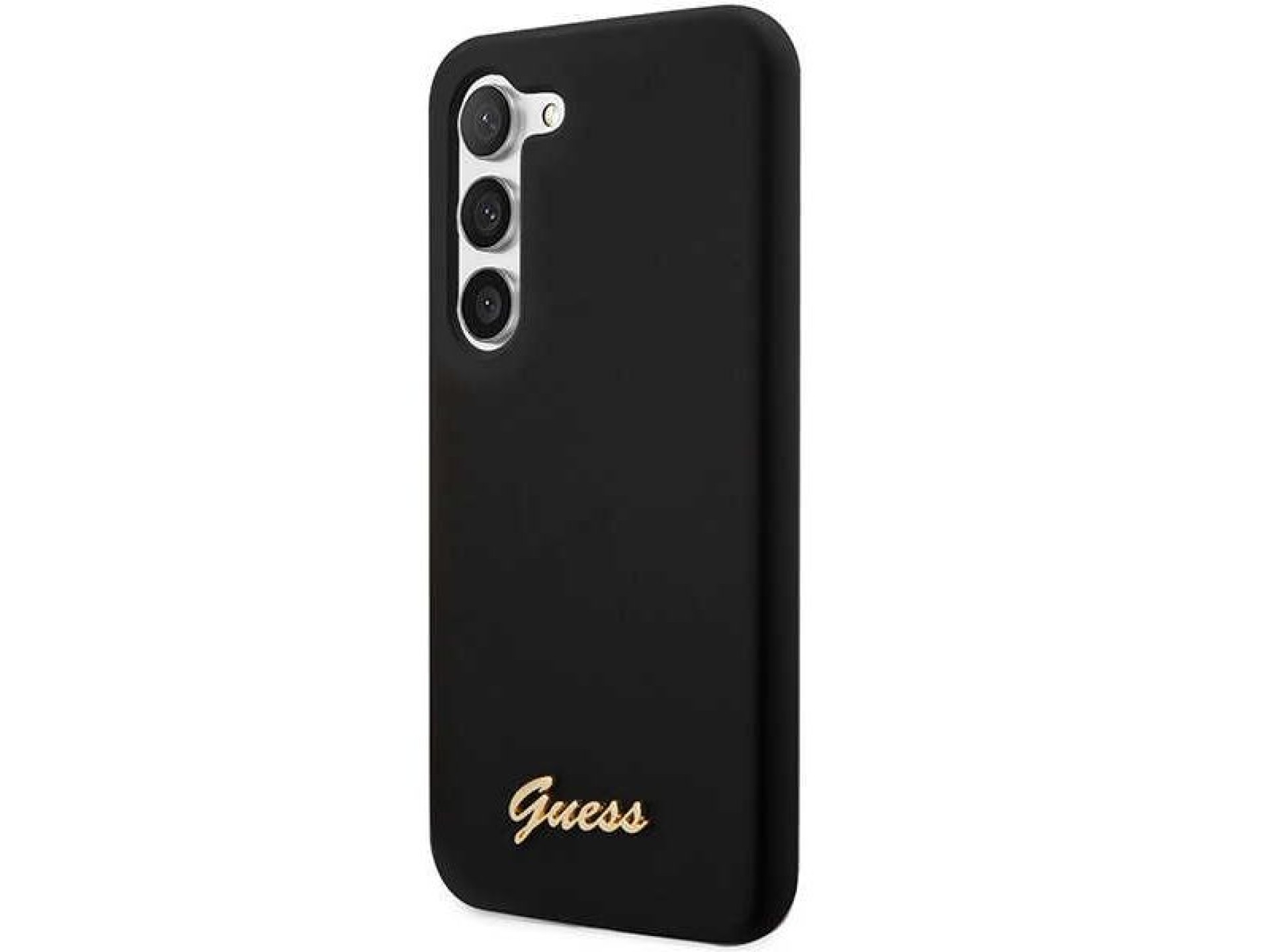 Guess GUHCS23MSLSMK S23+ S916, estuche rígido negro/negro, silicona con logo dorado vintage