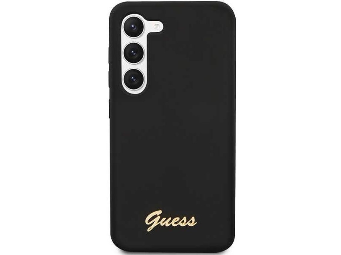 Guess GUHCS23MSLSMK S23+ S916, estuche rígido negro/negro, silicona con logo dorado vintage