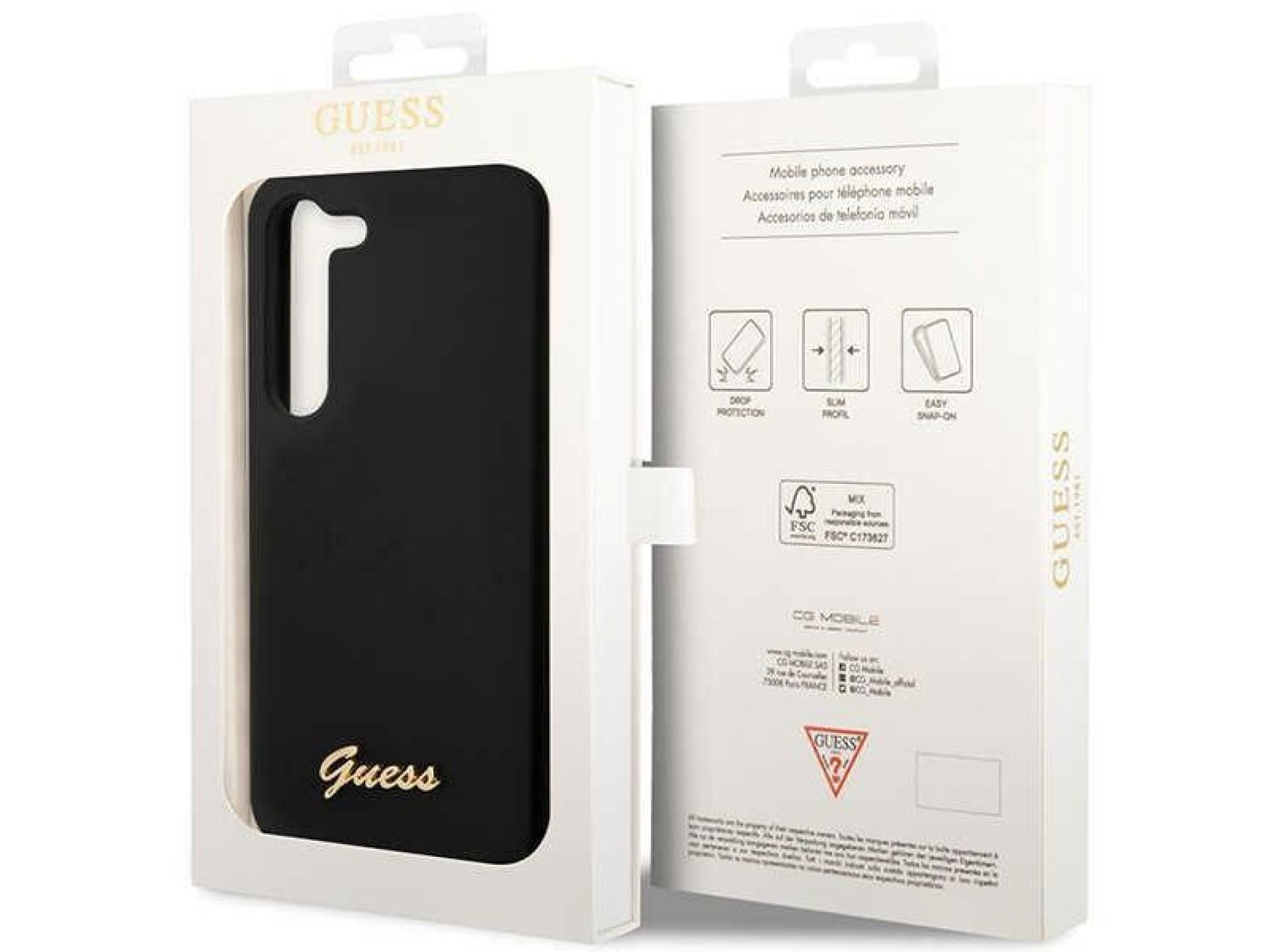 Guess GUHCS23MSLSMK S23+ S916, estuche rígido negro/negro, silicona con logo dorado vintage