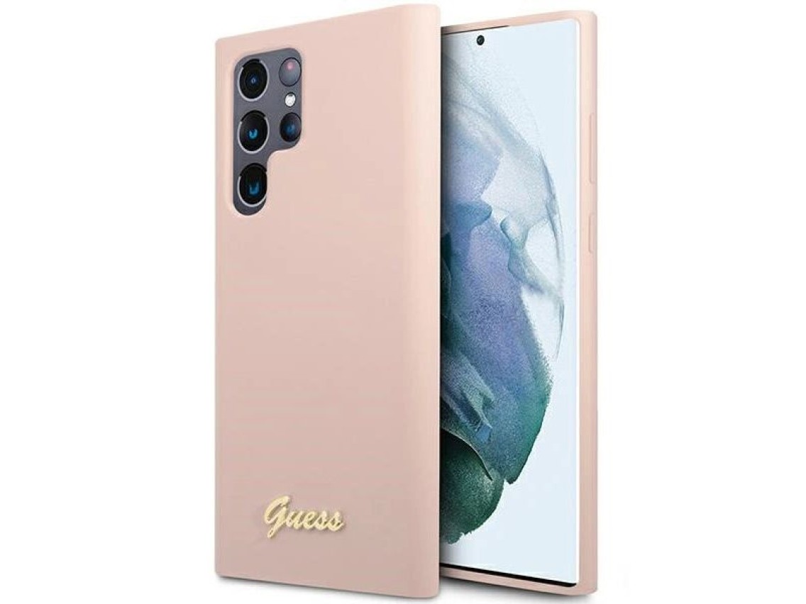 Funda rígida Guess GUHCS23LLSLMGPP S23 Ultra S918 rosa/rosa con logotipo metálico y tipografía Scrip