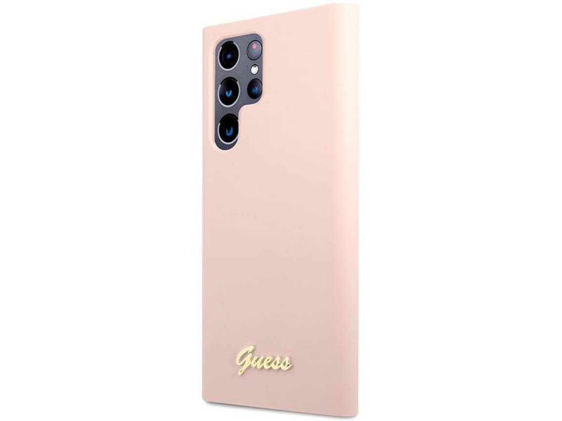 Funda rígida Guess GUHCS23LLSLMGPP S23 Ultra S918 rosa/rosa con logotipo metálico y tipografía Scrip