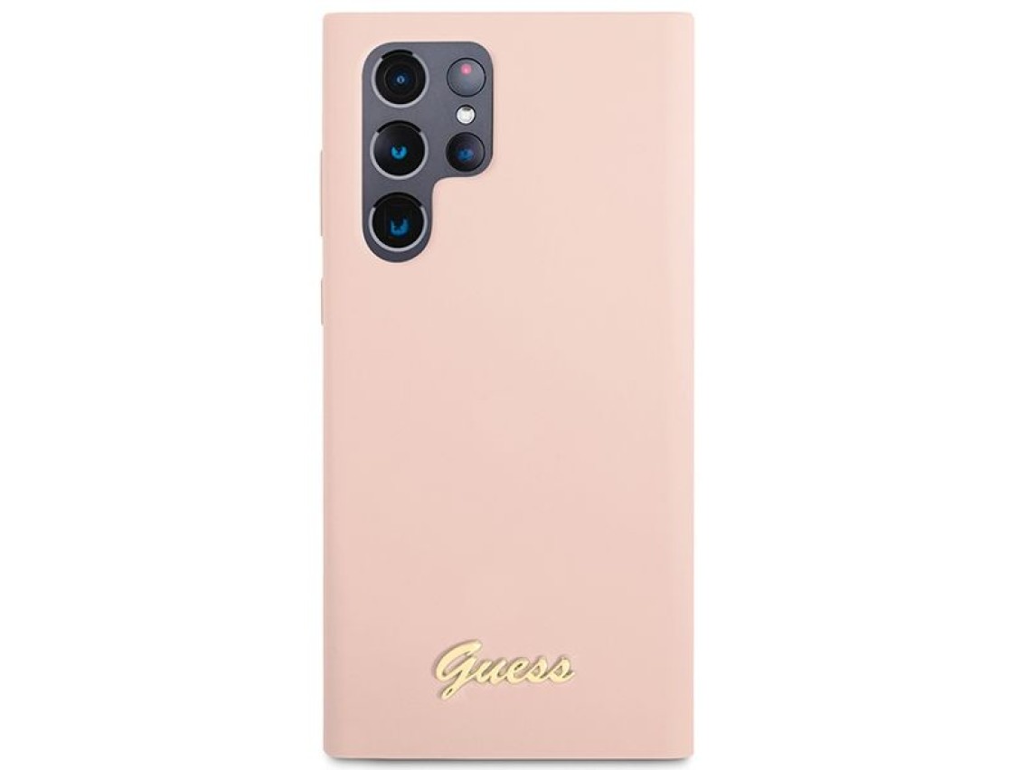 Funda rígida Guess GUHCS23LLSLMGPP S23 Ultra S918 rosa/rosa con logotipo metálico y tipografía Scrip