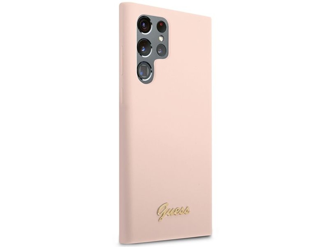 Funda rígida Guess GUHCS23LLSLMGPP S23 Ultra S918 rosa/rosa con logotipo metálico y tipografía Scrip