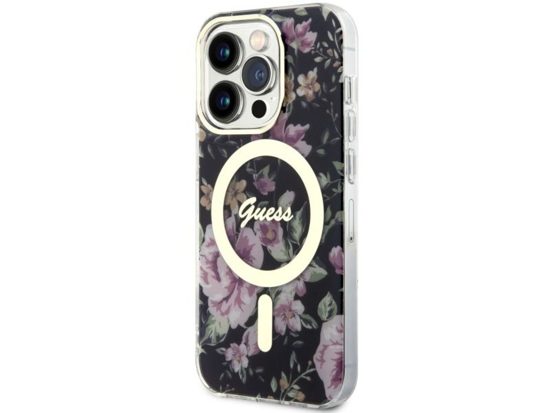 Capa rígida preta/preta com estampa floral e MagSafe Guess GUHMP14LHCFWSK para iPhone 14 Pro de 6,1
