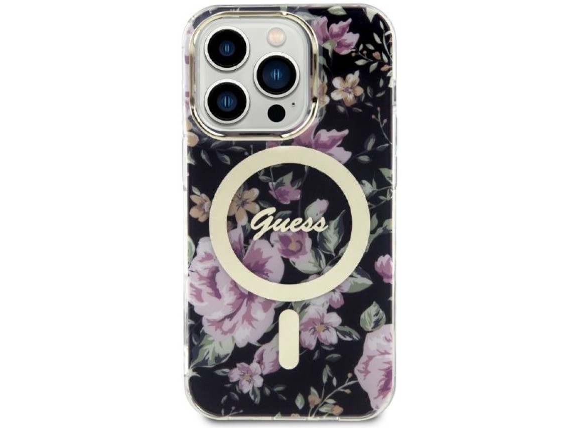 Capa rígida preta/preta com estampa floral e MagSafe Guess GUHMP14LHCFWSK para iPhone 14 Pro de 6,1"