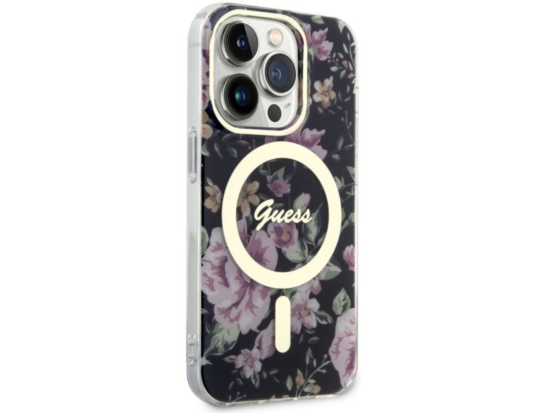 Capa rígida preta/preta com estampa floral e MagSafe Guess GUHMP14LHCFWSK para iPhone 14 Pro de 6,1