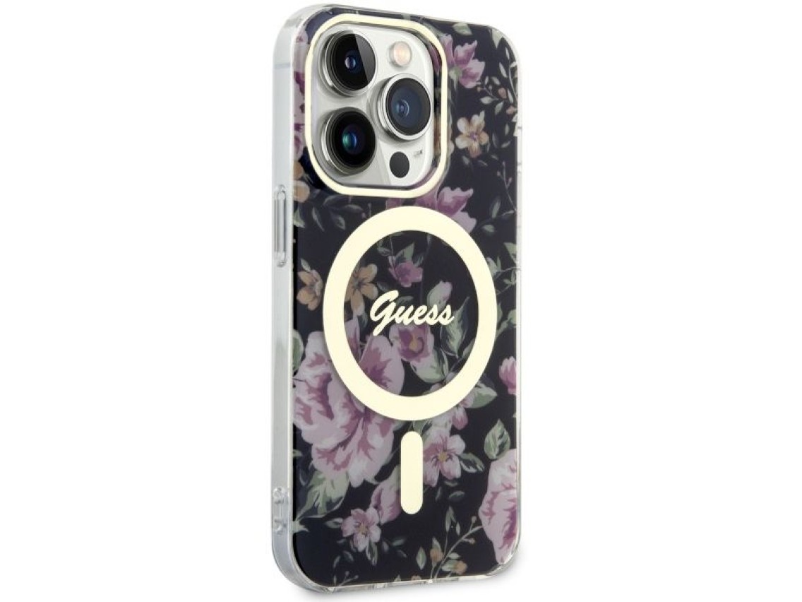 Capa rígida preta/preta com estampa floral e MagSafe Guess GUHMP14LHCFWSK para iPhone 14 Pro de 6,1"